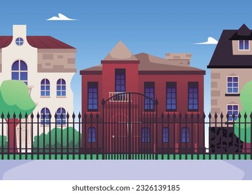 Classic Victorian style buildings, flat vector illustration. Cityscape of Victorian era architecture. Beautiful old houses behind fence. Historical town.