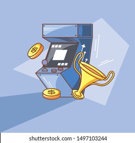 classic video game console of coins with trophy