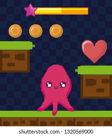 classic video game scene with octopus mutant character