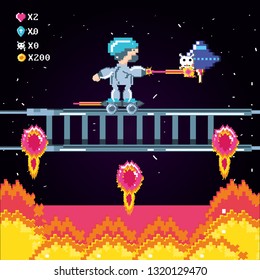 classic video game scene with warrior and flame