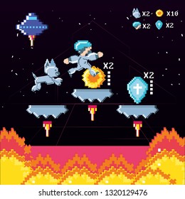 classic video game scene with warrior and flame