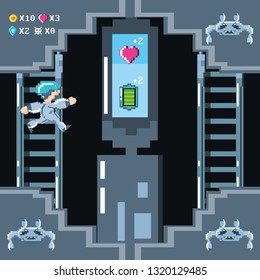 classic video game scene with warrior in stairs