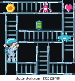 classic video game scene with warrior in stairs