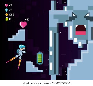 classic video game scene with warrior flying