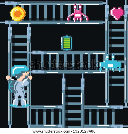 classic video game scene with warrior in stairs