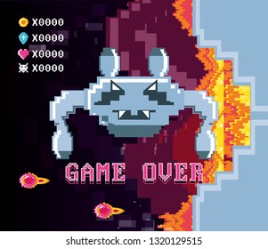 classic video scene with monster game over
