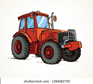 Classic village land agrimotor utility model with big rubber bus. Bright red color hand drawn icon sign logo symbol picture in art doodle style. Side view with space for text on white ground