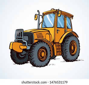 Classic village land agrimotor utility model with big rubber bus. Bright yellow color hand drawn icon sign logo symbol picture in art doodle style. Side view with space for text on light white ground