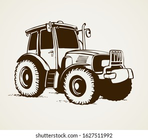 Classic village land agrimotor utility model with big rubber bus. Freehand linear ink hand drawn icon picture sketchy in art doodle print style pen on paper. Side view with space for text on ground