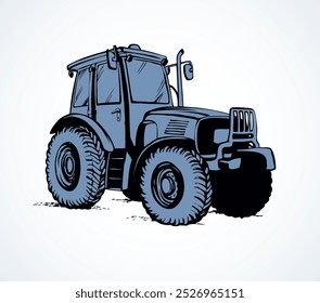 Clássico aldeia terra agrimotor modelo utilitário com grande ônibus de borracha. Linha à mão à tinta desenhado à mão ícone retrato esboçado em arte doodle estilo caneta no papel. Vista lateral com espaço para texto no chão