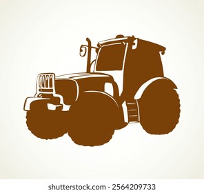 Classic village land agrimotor utility model with big rubber bus. Dark ink hand drawn picture sketch in art engraving style. Side view with space for text on ground