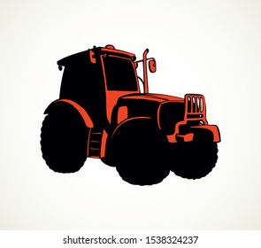 Classic village land big agrimotor utility model with big rubber bus. Bright red color hand drawn icon sign logo symbol picture in art doodle print style. Side view with space for text on white ground