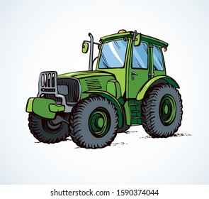 Classic village land quad motor utility model with big rubber bus. Bright green color hand drawn logo pictogram sign emblem picture in art comic style. Side view text space on white ground copyspace