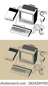 Classic vintage 1980s personal computer system with CRT monitor, keyboard, floppy disk drive and joystick