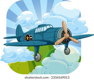 A classic vintage aircraft flying over a sky with a mountain background, isolated in a vector cartoon illustration style