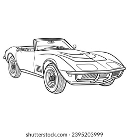 Classic Vintage American convertible sports cars Vector Illustration with two-door, open top, Hand-Drawn Outline Design, Isolated on White Background