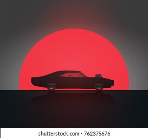 Classic Vintage American Side View Muscle Car In Sunset Silhouette. Vector Illustration. Poster Template. 