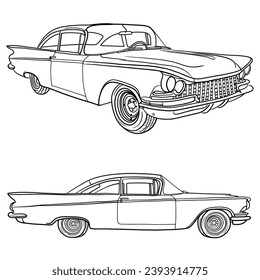 Classic Vintage American Sport Cars style Vector illustration Line art,outline sport Car design illustration hand drawn sketch,  Modern print design of retro machine, isolated on white background