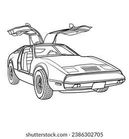 Classic Vintage American Sports Car Vector Illustration with Gullwing or Gull-wing Door Open, Hand-Drawn Outline Design, Isolated on White Background