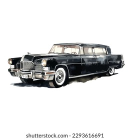 Classic vintage antique limousine car in watercolor