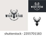 Classic Vintage Antler Deer Face for Wildlife Hunting Logo Design. Silhouette of Cervidae Head like Stag, Buck, Hart, Reindeer, Mule,  Whitetail, Elk. 