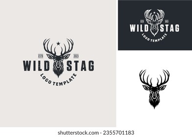 Classic Vintage Antler Deer Face for Wildlife Hunting Logo Design. Silhouette of Cervidae Head like Stag, Buck, Hart, Reindeer, Mule,  Whitetail, Elk. 