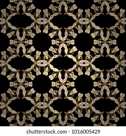 Classic vintage background. Golden pattern on black and yellow colors with golden elements. Seamless classic vector golden pattern. Traditional orient ornament.