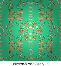 Classic vintage background. Golden pattern on green, brown and yellow colors with golden elements. Seamless classic vector golden pattern. Traditional orient ornament.
