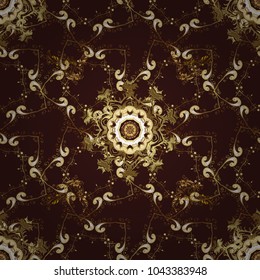 Classic vintage background. Golden pattern on brown, beige and yellow colors with golden elements. Seamless classic vector golden pattern. Traditional orient ornament.