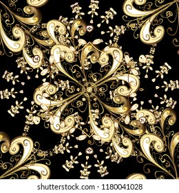 Classic vintage background. Golden pattern on black, beige and brown colors with golden elements. Traditional orient ornament. Seamless classic vector golden pattern.