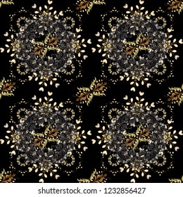 Classic vintage background. Golden pattern on black colors with golden elements. Traditional orient ornament. Seamless classic vector golden pattern.