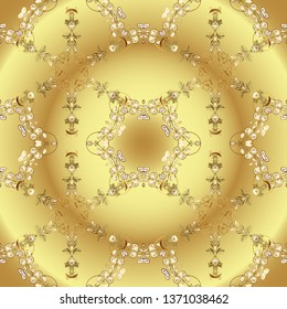 Classic vintage background. Golden pattern on yellow and neutral colors with golden elements. Seamless classic vector golden pattern. Traditional orient ornament.