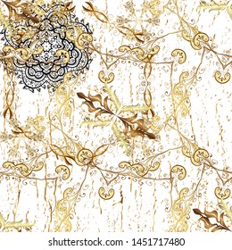Classic vintage background. Golden pattern on beige and white colors with golden elements. Classic vector golden pattern. Traditional orient ornament.