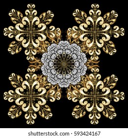Classic vintage background. Golden pattern on black background with golden elements. Traditional orient ornament. Classic vector golden pattern.