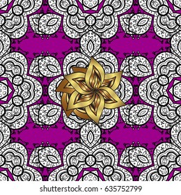 Classic vintage background. Golden pattern on magenta background with golden elements. Seamless classic vector golden pattern. Traditional orient ornament.
