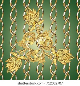 Classic vintage background. Golden pattern on green background with golden elements. Ornamental classic vector golden pattern. Traditional orient ornament.