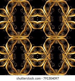 Classic vintage background. Golden pattern on black colors with golden elements. Seamless classic vector golden pattern. Traditional orient ornament.