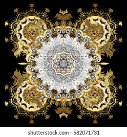 Classic vintage background. On black background with golden elements and white doodles. Classic vector golden pattern. Traditional orient ornament.