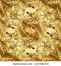 Classic vintage background. Ornamental pattern on brown, yellow and beige colors with golden elements. Classic vector golden ornamental pattern. Traditional orient ornament.