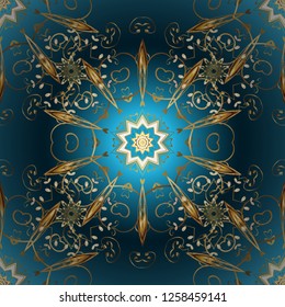 Classic vintage background. Ornamental classic vector blue, beige and brown and golden pattern. Traditional orient ornament.