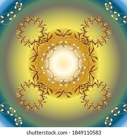 Classic vintage background. Pattern on yellow and neutral colors with golden elements. Traditional orient ornament. Classic vector golden pattern.