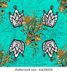 Classic vintage background. Pattern on blue background with golden elements. Classic vector golden pattern. Traditional orient ornament.