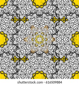 Classic vintage background. Pattern on yellow background with golden elements. Classic vector golden pattern. Traditional orient ornament.