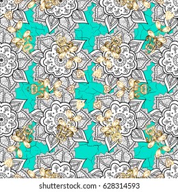 Classic vintage background. Pattern on blue background with golden elements. Traditional orient ornament.