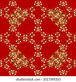 Classic vintage background. Seamless pattern on red and yellow colors with golden elements. Classic vector golden seamless pattern. Traditional orient ornament.