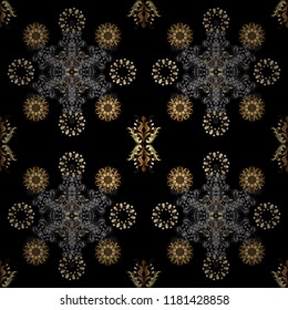 Classic vintage background. Seamless pattern on black, gray and beige colors with golden elements. Seamless classic vector golden pattern. Traditional orient ornament.