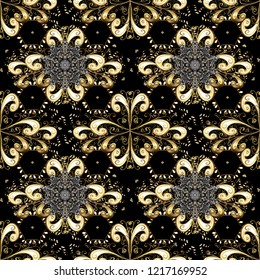 Classic vintage background. Seamless pattern on black, beige and brown colors with golden elements. Seamless classic vector golden pattern. Traditional orient ornament.