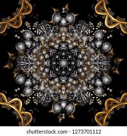 Classic vintage background. Seamless pattern on gray and black colors with golden elements. Traditional orient ornament. Seamless classic vector golden pattern. Vector illustration.