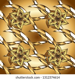 Classic vintage background. Seamless pattern on brown and yellow colors with golden elements. Traditional orient ornament. Seamless classic vector golden pattern.