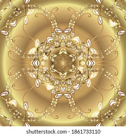 Klassischer Vintage-Hintergrund. Nahtloses Muster auf beigen und neutralen Farben mit goldenen Elementen. Nahtloses klassisches, vektorgoldenes Muster. Traditionelles Ornament.